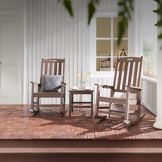 Psilvam Oversized Outdoor Rocking Chair, with 21" Wide Seat and 32" Tall Backrest, Pre-Assembled with Most Components for Effortless Installation (Brown)