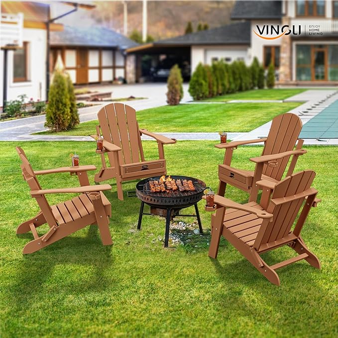 VINGLI Back-Adjustable Plastic Folding Adirondack Chairs Set of 2, Teak