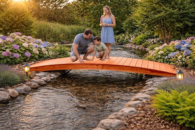12 FT CEDAR Amish Made Pinewood Heavy Duty Garden Bridge for Walkway, Backyard Pond & Landscaping, Outdoor Wooden Footbridge for Koi Pond, Japanese Style Decorative Bridge, Made in USA