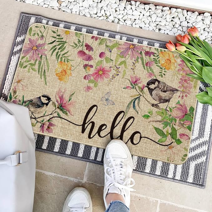 Artoid Mode Bird Flowers Hello Spring Doormat, Home Summer Decor Low-Profile Switch Rug Door Mat Floor Mat for Indoor Outdoor 17x29 Inch