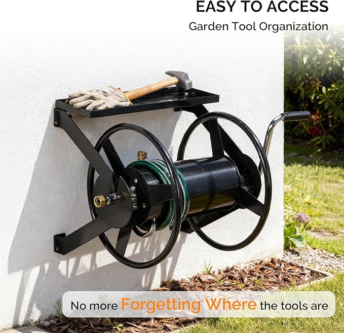 VINGLI Garden Hose Reel, Wall Mount Water Hose Reel for Garden Outside with Heavy Duty Space Saving Rolling Design Metal, 175FT Capacity for 3/4" Hose for Outdoor Use (Black)