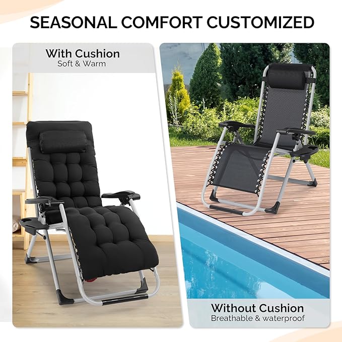Bonnlo Padded Zero Gravity Chair, Lounge Chair Recliner Chair with Removable Cushion & Tray， Folding Reclining Patio Chairs， Recliner Chair for Lawn，Ptio Indoor and Outdoor