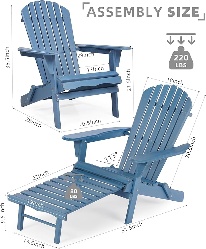 Set of 2 Outdoor Wooden Folding Adirondack Chair with Retractable Ottoman, Wood Patio Chair with Footrest for Garden Backyard Porch Pool Deck Firepit
