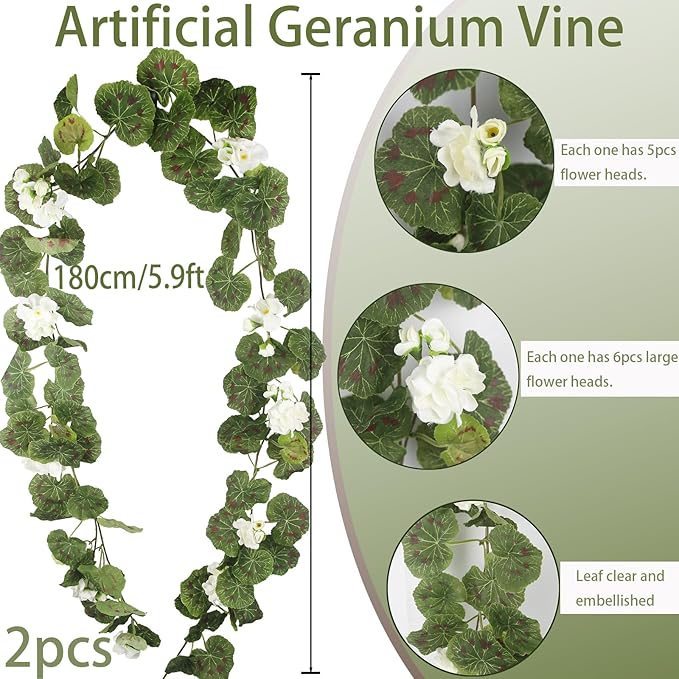 CISDUEO 2 Pcs Spring Summer Flower Garland Geranium Artificial Garland Outdoors White Geranium Artificial Flowers UV Resistant Hanging Basket Floral Garland for Porch Farmhouse Centerpiece Decor