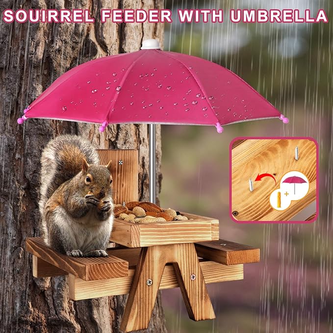 Gnodary Squirrel Feeder with Umbrella, Squirrel Feeders for Outside, Squirrel Picnic Table Feeder - Chipmunk Feeder Hold Corn, Corn Cob, Peanuts (Dark-Pink)