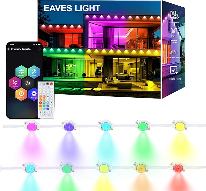 Permanent Outdoor Eaves Lights, IP67 Waterproof Smart LED Light with App Control Remote, RGB String Lights for Christmas Holiday DIY House, Roof, Garden Decor Lighting - 100FT