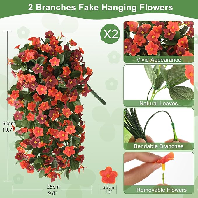 2 Pack Artificial Hanging Flowers, Fake Flowers Hanging Plant Violet Flower, Artificial Faux Silk Spring Flower for Wall Front Door Yard Garden Wedding Outdoor Decoration(Orange Brown)