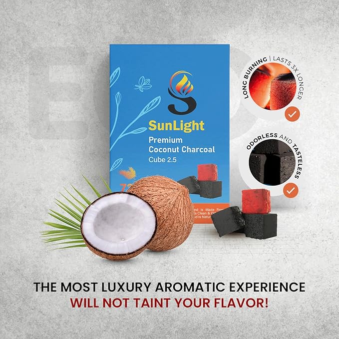 Sunlight® Premium Coconut Charcoal Cubes - (2.5mm) - Long Lasting Natural Coco Charcoal - Zero Ash - Low Odor - 2.5 mm Cubes - Long Lasting - Full Burn (72)