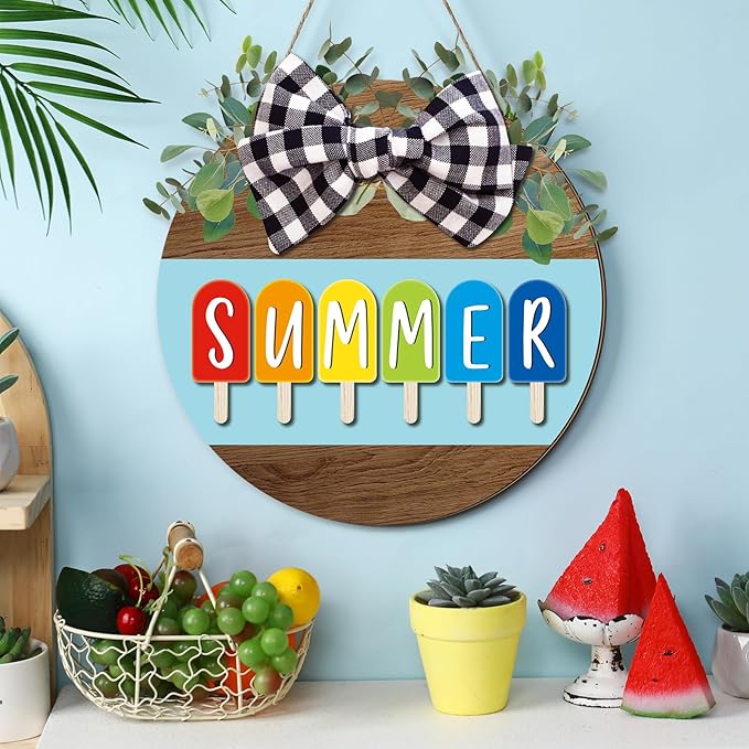 Boao 12 x 12 Inch Hello Summer Door Sign Ice Cream Welcome Summer Wreath Decor Beach Hanging Door Hanger Farmhouse Decorations for Wall Front Porch Decor(Ice Lolly)