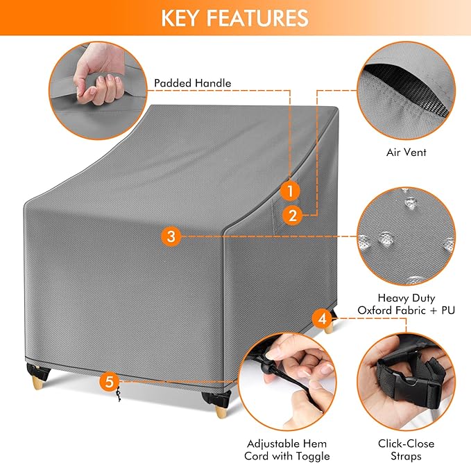 WLEAFJ Outdoor Chair Covers Waterproof, Gray Lawn Patio Furniture Covers, Heavy Duty Wicker Garden Sofa Chair Cover, 2 Pack - 30" W x 37" D x 31" H