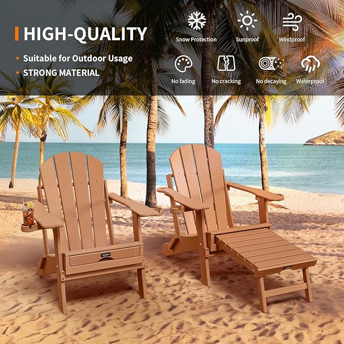 VINGLI Back-Adjustable Plastic Folding Adirondack Chairs with Retractable Footrest & 2-in-1 Cup Holders, Waterproof HDPE Outdoor Fire Pit Chairs for Patio, Pool, Capacity 400 LBS, Teak