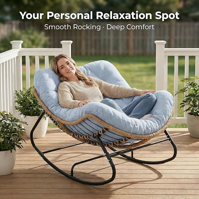 SWITTE Outdoor Rocking Chair, Oversized Patio Papasan Rocker, Comfy Wicker Reading Lounge, Indoor Egg Chair for Bedroom, Living Room, Porch, Garden, Lawn-Light Blue