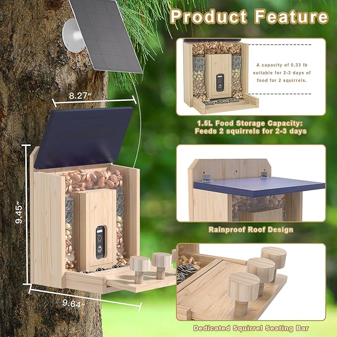 Wooden Squirrel Feeder with HD Camera, Solar-Powered Outdoor Squirrel Bar, Real-Time View, Instant Notifications, Durable & Sturdy, for Squirrel Lovers