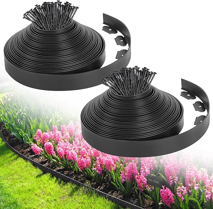 2-Inch x 80 FT Landscape Edging Border with 125 Spikes, Garden Edging Border Lawn Edging Kit, Plastic Edging for Landscape Flexible for Garden Flower Beds Lawn Yard Pathway (Black)