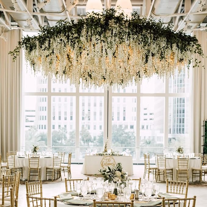 108Pcs Artificial Wisteria Flowers 3.6 Feet/Piece White Dense Artificial Fake Wisteria Vine Ratta Hanging Garland Silk Flowers String Home Party Wedding Decor(White-Dense)