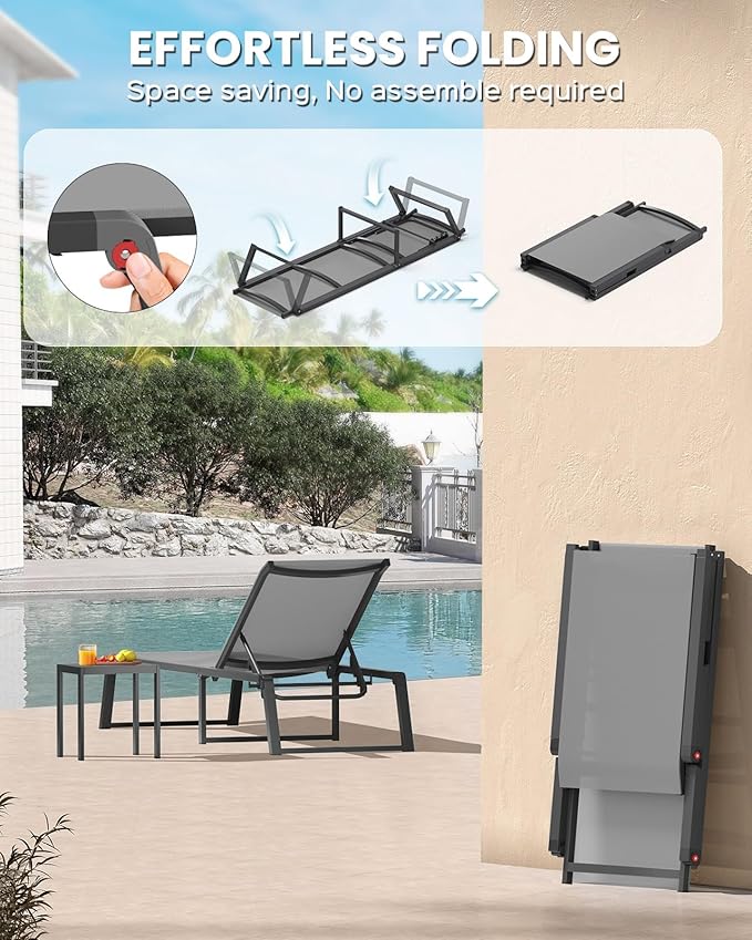Aluminum Patio Chaise Lounge Set of 2 with 1 Side Table, Foldable Outdoor Pool Lounge Chairs 5-Position Recliner for Outside Poolside, Fully grounded legs Sun Lounger for Beach, Yard, Dark Grey