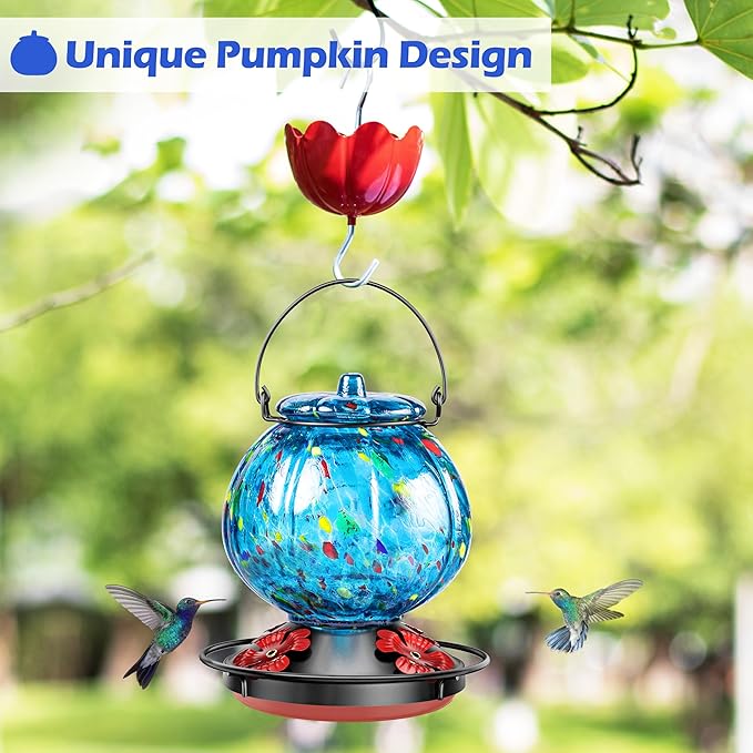 Hummingbird Feeder for Outdoors – Hand Blown Blue Glass Bird Feeder, Leakproof, Easy to Fill & Clean, 25 Ounces, Colorful Spotted Pumpkin Shape Decorative Hanging Gift for Her