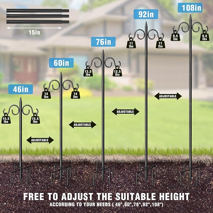 Double Shepherds Hooks for Outdoor, 108 Inch Heavy Duty Bird Feeder Pole with 5 Prongs Base, Adjustable Shepherds Hook for Bird Feeder, Garden, Weddings, Hanging Plant, 2 Pack