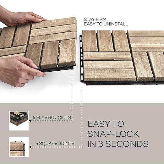 10 Pcs Deck Tiles, Patio Flooring - Outdoor Waterproof Acacia Wood Tiles for All Weather Use - Balcony, Backyard, Indoor & Outdoor (White Crossed Pattern, 10 Square Ft)