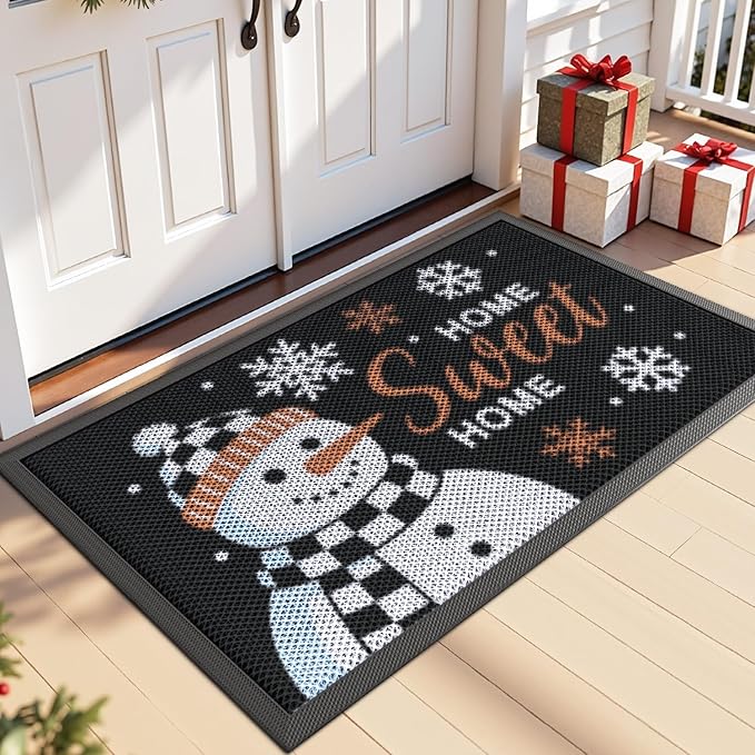 DEXI Christmas Front Door Mat Outside Entrance, 32x48 ft Winter Snowman Welcome Entryway Doormat Dirt Trapper, Heavy Duty Non Slip Entry Mats for Patio Garage Porch Home, Black White