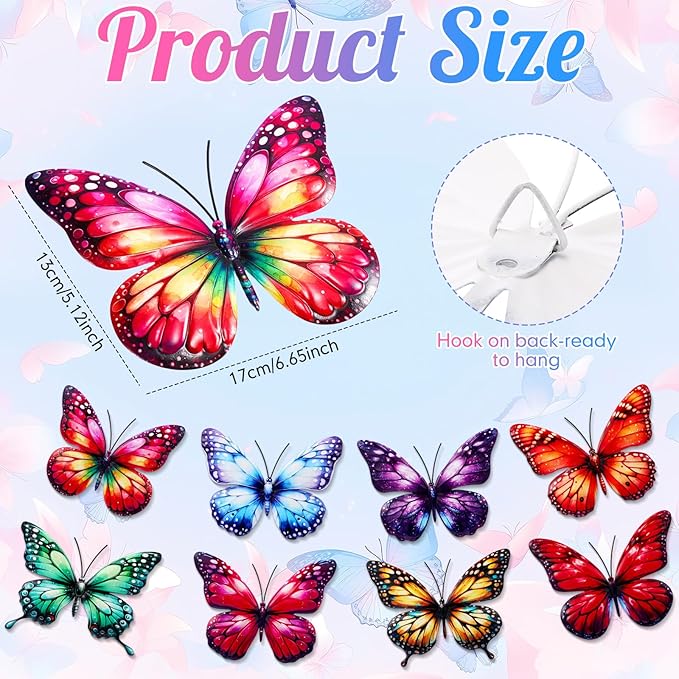8 Pcs 3D Metal Butterfly Wall Decor 5. 12 x 6. 69 Inches Colorful Butterfly Hanging Wall Art for Garden Yard Living Room Bedroom Patio Balcony Outdoor Fence Decoration(Elegant Style)