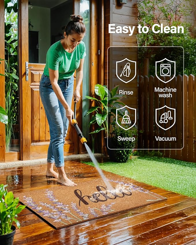 Door Mat Welcome Outdoor Mat: Artificial Coir Doormat for Outdoor Outside Indoor Entrance - Front Door Mat Non-Slip Backing Durable Fall Mat for Home Porch Entryway Floor (Hello Floral, 24"x 36")