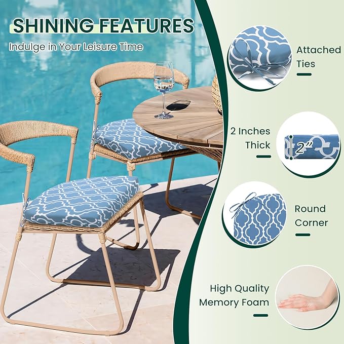 HARBOREST Outdoor Chair Cushions Set of 4, Water Resistant Patio Chair Cushions with Ties, Outdoor Seat Cushions for Patio Furniture, 17"x16"x2", Blue Geometry