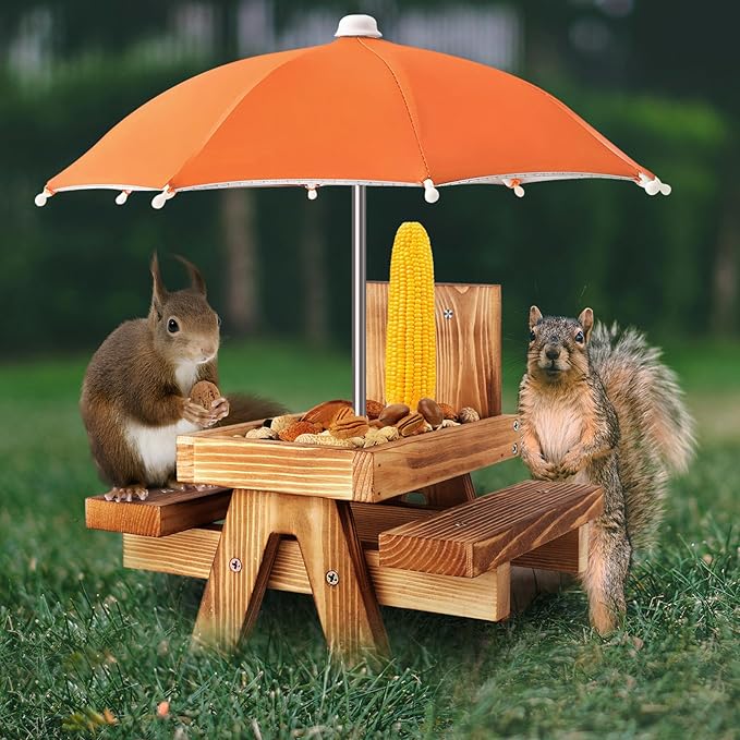 Gnodary Squirrel Feeder with Umbrella, Squirrel Feeders for Outside, Squirrel Picnic Table Feeder - Chipmunk Feeder Hold Corn, Corn Cob, Peanuts (Orange)