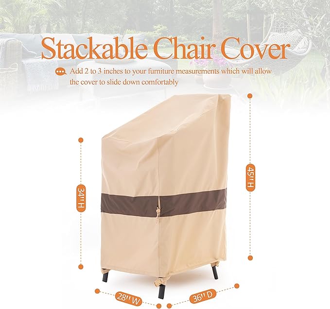 WJ-X3 Stackable Patio Chair Cover, Heavy Duty, Wind Resistant and Waterproof Outdoor Lawn Chair Covers, 28W x 36D x 45H, (4-6 Stacked Chairs), Beige/Coffee, 1-Pack