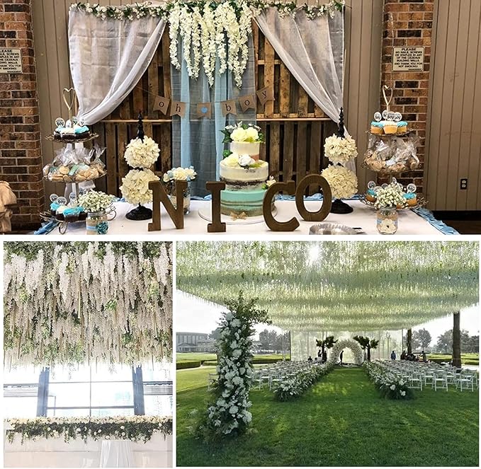 Artificial Wisteria Hanging Flowers Fake Wisteria Flower Garland Silk Vines Rattan Decor for Home Wedding Arch Wall Garden Greenery Bedroom Outdoor Office Party Decoration (12, White)