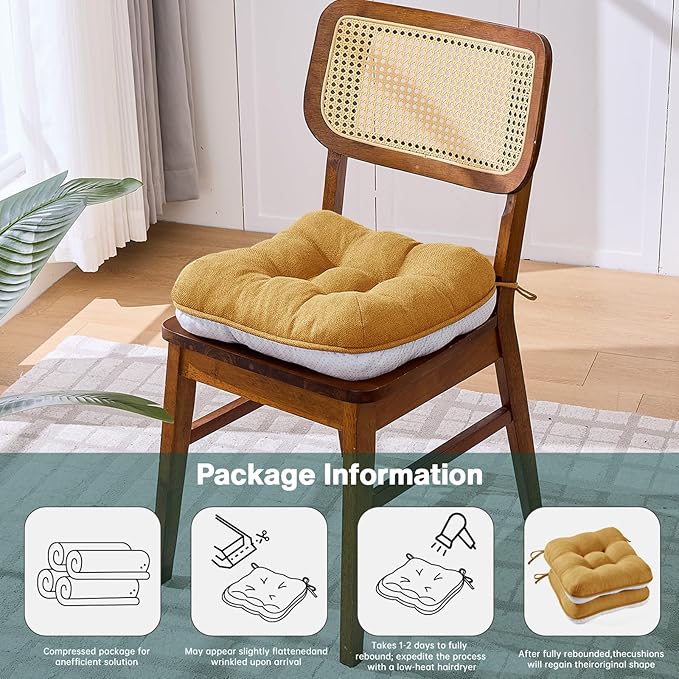 BETU Chair Cushions for Dining Chairs Set of 4,3.5" Thick Kitchen Table Chair Pads with Ties,Non Slip Backing and Covers, Seat Cushion for Dining Room,Bar,Patio Chairs,16"X16"X3.5",Yellow