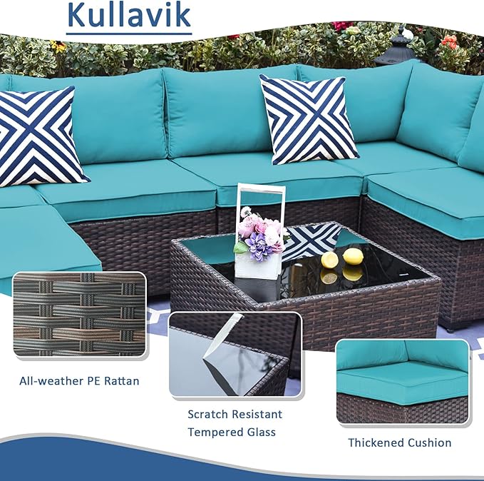 Kullavik 7 Pieces Outdoor Patio Furniture Set,Wicker Outdoor Sectional Sofa,All-Weather Patio Conversation Sets with Washable Thick Cushions & Coffee Table for Garden,Backyard,Balcony,Porch,Blue