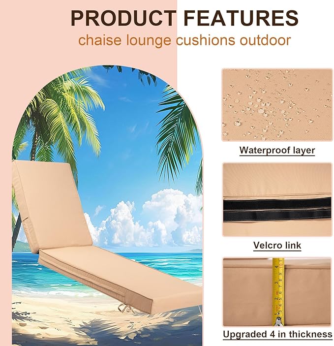 Outdoor Chaise Lounge Cushion, 4 Inch Thick Waterproof Fade Resistant Patio Furniture Lounger Chair Cushion Pad for Pool (1, Beige, 72'' L x 21'' W x 4" T)