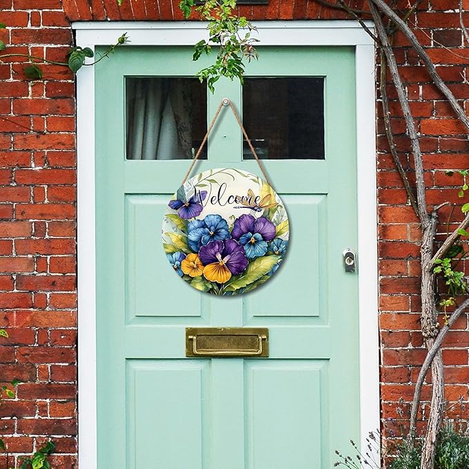 Welcome Spring Blue Purple Flowers Door Sign For Front Door Decor,Pansy Dragonfly Wooden Sign 12"x 12" Round Spring Summer Seasonal Vintage Hanging Door Sign Decoration for Wall Rustic Decor