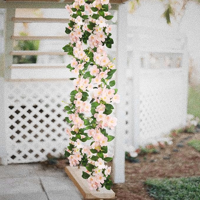 CISDUEO Artificial Cherry Blossom Flower Vine Hanging Champagne Cherry Blossom Flower Silk Garland Hanging Vines Faux Flowers for Outdoors Spring Wedding Party Home Table Centerpiece Arrangement Decor