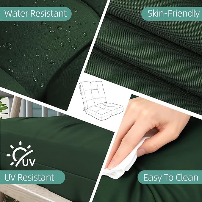 Outdoor Chair Cushions Set of 2, 42x21x4 Inch Patio Cushion for Dining/Rocking Chairs, High Back Soft Seat Pad with Ties, Indoor Outside Use, Fade-Resistant & Waterproof, Dark Green