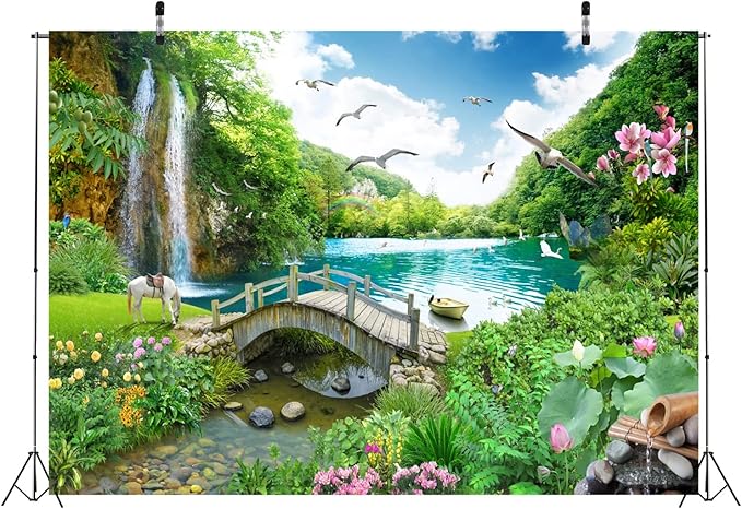 BELECO 12x8ft Fabric Picturesque Garden Backdrop Tropical Landscape Green Mountain Forest Trees Waterfall Lake Flowers Birds Horse River Bridge Fantasy Scenery Background Wall Mural Photo Studio Props