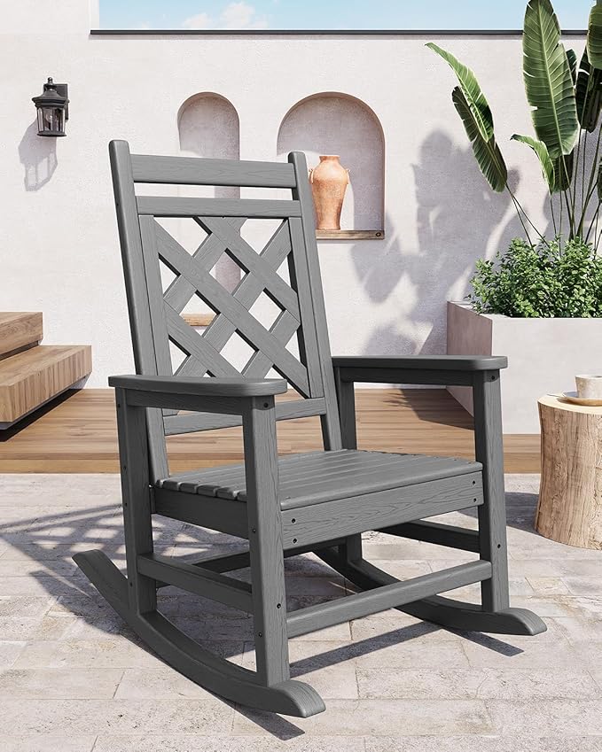 GarveeLife Outdoor Rocking Chair Set of 2 with Side Table, HDPE Weather Resistant Patio Rocking Chair Porch Rocker with Wood Texture & 380 LBS Support for Deck, Pool, Backyard, Gray