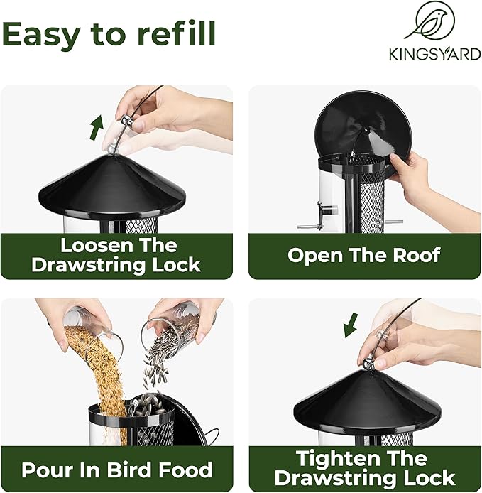 Kingsyard Metal Bird Feeder for Outdoor Hanging - Chew Proof Wild Bird Finch Cardinal Feeder with Dual Chamber of 4 lbs Capacity for Bluebird, Black