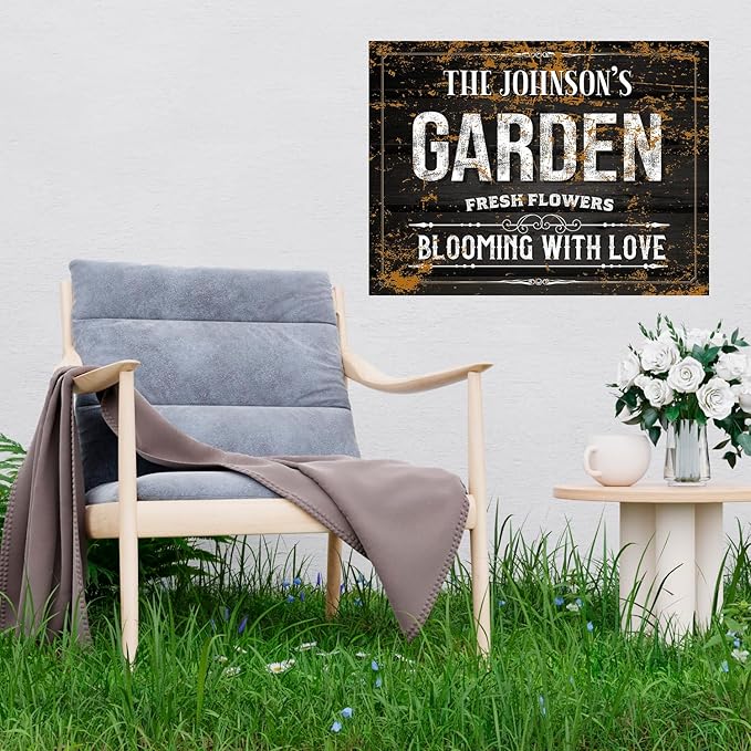 Custom Garden Blooming with Love Sign, Personalized Name for Backyard/Flower Garden Décor Sign, 18x24 Inches, Rust Free .063 Aluminum, Fade Resistant, Made in USA by Sigo Signs