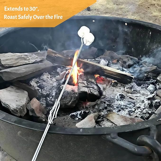 Smores Sticks, Marshmallow Sticks for Fire Pit, 30" Long Extendable Heavy Duty Roasting Sticks for Hot Dogs Vegetables S'mores over Campfire, 4 Pack