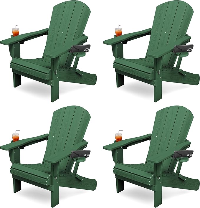 KINGYES Folding Adirondack Chair Set of 4, Dual Cup Holders & All-Weather HDPE, Wood-Like Patio Chair for Backyard, Camping, Pool & Fire Pit, Dark Green