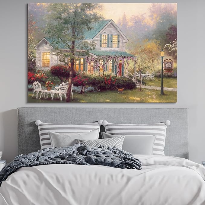 STUDIO HAVEN Thomas Kinkade Canvas Wall Art, Cyan-Roofed Cottage Vine-Covered Porch Flower Garden Relaxing Pets Oil Painting Poster Cozy Retreat Wall Decor, Framed Prints for Home Decor, 48x32Inch
