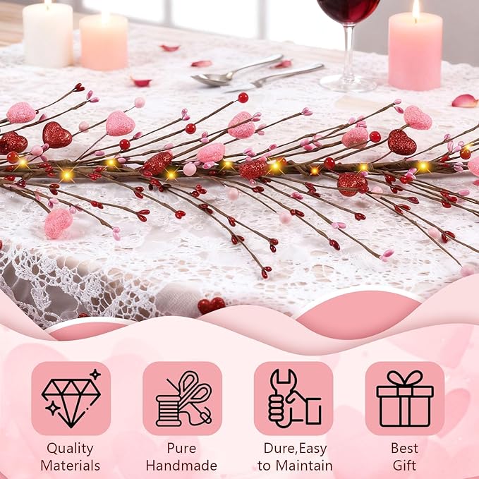 6.5 Ft Valentine's Day Berry Garland Twig Red Pink Berry Glitter Hearts Garland with LED Lights Artificial Vine for Valentines Wedding Anniversary Fireplace Mantel Table Home Wall Indoor Party Decor