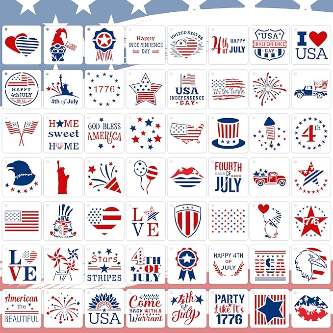 Augshy Patriotic Stencils - 56 Pack 4th of July Stencils for Painting American Flag, Scrapbooking, Drawing, Wall, Floor Decor, DIY Rock Painting Art Projects (3 Inch)