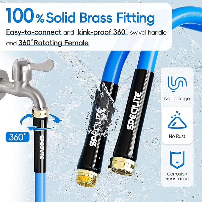 SPECILITE Female to Female Hot/Cold Garden Water Hose 3 ft x 5/8 Inch for Hose Reel, -50℉To 190℉, Heavy Duty, Flexible, Burst 605 Psi, Rubber Extension Pipe with 3/4" Brass Fittings
