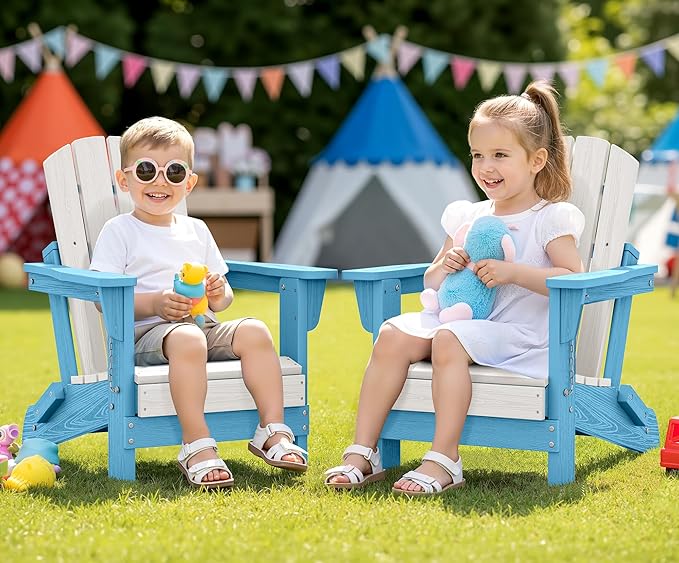 SERWALL Kids Adirondack Chair Sets for 2, HDPE Adirondack Chair for Children,All-Weather Resistant for Patio, Garden, Backyard - White and Light Blue