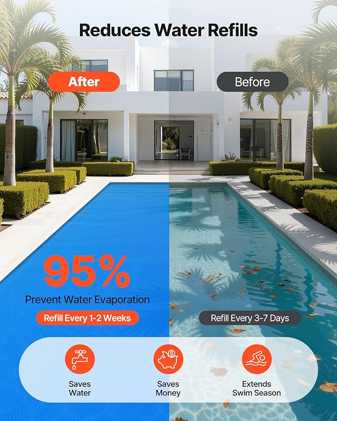 VEVOR Solar Pool Cover, 36 x 16 ft Rectangle Pool Bubble Cover, 12 Mil Pools Solar Blanket with Bubble & PE Material, Daytime Heat Absorption, Nighttime Heat Retention, Heat Retaining Solars Covers