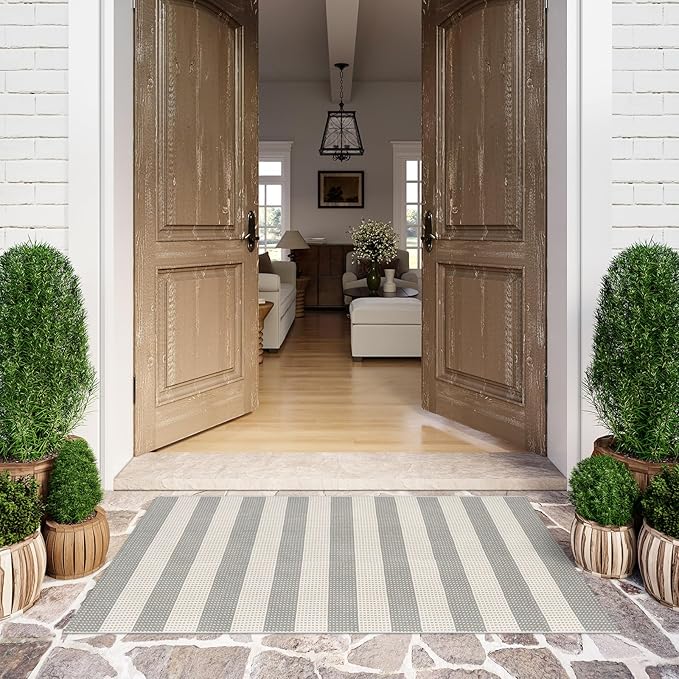 Grey and White Striped Rug-3x5 Front Door Mat Outdoor,Washable Reversible Porch Rug Cotton Hand-Woven Spring Doormat, Foldable Layered Door Mats for Entryway/Farmhouse
