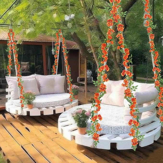 2 Pcs Artificial Flowers Garland for Outdoors Orange Faux Gardenia Garland 12Ft Silk Rose Hanging Vines Floral for Wedding Arch Party Wall Garden Ceremony Backdrop Fence Spring Decor